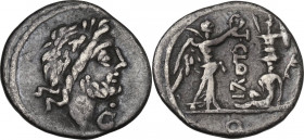 T. Cloulius. Quinarius, 98 BC. Cr. 332/1c; B. (Cloulia) 2. AR. 1.79 g. 15.00 mm. Toned. VF.
