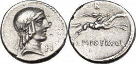L. Calpurnius Piso Frugi. AR Denarius, 90 BC. Cr. 340/1. AR. 3.80 g. 17.20 mm. Brilliant and lightly toned. About EF.