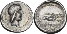 L. Calpurnius Piso Frugi. Denarius, 90 BC. Cr. 340/1; B. (Calpurnia) 6-12. AR. 3.75 g. 18.00 mm. Iridescent patina. About EF.