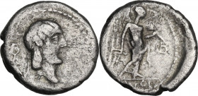 L. Calpurnius Piso Frugi. Quinarius, 90 BC. Cr. 340/2a; B. (Calpurnia) 13. AR. 1.93 g. 13.00 mm. RRR. Rare variant. VF.