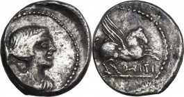 Q. Titius. Quinarius, 90 BC. Cr. 341/3; B. (Titia) 3. AR. 2.12 g. 14.00 mm. About EF.