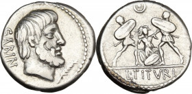 L. Titurius L. f. Sabinus. AR Denarius, 89 BC. Cr. 344/2b. AR. 4.03 g. 18.00 mm. Banker's mark on obverse. VF.