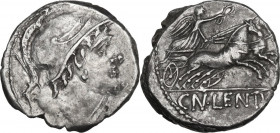 Cn. Cornelius Lentulus Clodianus. Denarius, 88 BC. Cr. 345/1; B. (Cornelia) 50. AR. 3.84 g. 17.00 mm. About EF.