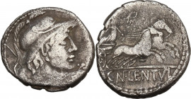 Cn. Cornelius Lentulus Clodianus. Denarius, Rome mint, 88 BC. Cr. 345/1; B. 50 (Cornelia). AR. 3.73 g. 18.00 mm. About VF.