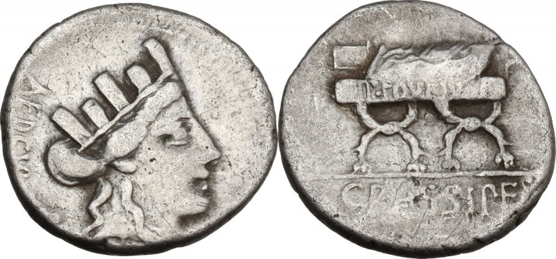 P. Furius Crassipes. AR Denarius, 84 BC. Cr. 356/1a; B. 20. AR. 3.81 g. 18.00 mm...