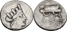 P. Furius Crassipes. AR Denarius, 84 BC. Cr. 356/1a; B. 20. AR. 3.81 g. 18.00 mm. Good F.