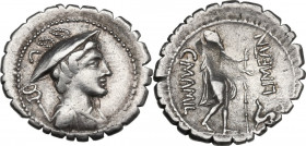 C. Mamilius Limetanus. Denarius serratus, Rome mint, 82 BC. Cr. 362/1; B. 6 (Mamilia). AR. 3.83 g. 20.00 mm. On reverse trace of adjusting al marco. G...