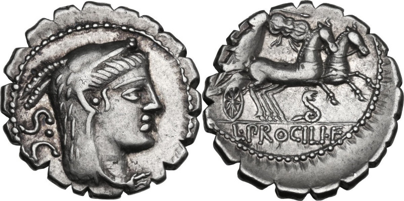 L. Procilius. Denarius serratus, Rome mint, 80 BC. Cr. 379/2; B. 2 (Procilia). A...