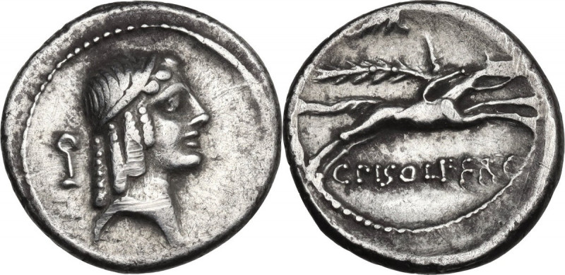 C. Piso Frugi. Denarius, Rome mint, 67 BC. Cr. 408/1a-b; B. 24-29 (Calpurnia). A...