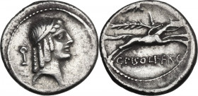 C. Piso Frugi. Denarius, Rome mint, 67 BC. Cr. 408/1a-b; B. 24-29 (Calpurnia). AR. 4.01 g. 18.00 mm. R. About EF.
