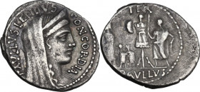 L. Aemilius Lepidus Paullus. AR Denarius, 62 BC. Cr. 415/1. AR. 3.65 g. 20.00 mm. VF/About VF.