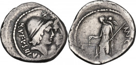 Mn. Cordius Rufus. Denarius, Rome mint, 46 BC. Cr. 463/1a-b; B. 1-2 (Cordia). AR. 3.37 g. 20.00 mm. Lightly toned. VF.