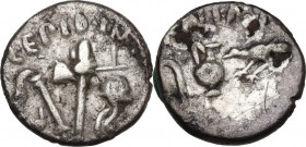 Mark Antony and Lepidus. AR Quinarius, 43 BC, Gallia Transalpina. Cr. 489/3. AR. 1.39 g. 13.00 mm. R. Rare and in good condition for issue. Sound meta...