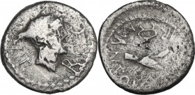 Marcus Antonius and Octavian. Quinarius, mint moving with Octavian, 39 BC. Cr. 529/4b; B. 42 (Antonia), 68 (Julia). AR. 1.57 g. 13.00 mm. R. About VF.