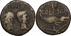 Augustus (27 BC - 14 AD) with Agrippa. AE As, Nemausus mint, 20-10 BC. RIC I (2nd ed.) 157. AE. 10.93 g. 25.00 mm. About VF.