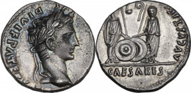 Augustus (27 BC - 14 AD). AR Denarius, Lugdunum mint, 2 BC-4 AD. RIC I (2nd ed.) 207. AR. 3.73 g. 18.00 mm. Blue iridescent patina. About EF.