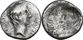 Augustus (27 BC - 14 AD). AR Brockage Quinarius, uncertain mint in Asia Minor, 29-26 BC. Cf. RIC I (2nd ed.) 276. AR. 1.66 g. 13.00 mm. R. About VF.