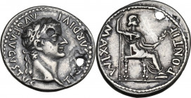 Tiberius (14-37). Fourrée Denarius. RIC I (2nd ed.) 30. AR. 2.62 g. 19.00 mm. Banker's marking. Pierced. Good VF.