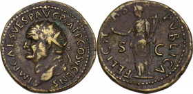 Vespasian (69 -79). AE Dupondius, 74 AD. RIC II-p. 1 (2nd ed.) 717. AE. 11.93 g. 28.00 mm. Brown patina with lovely orichalcum highlights. About EF.