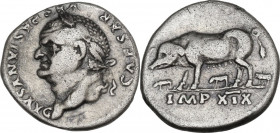 Vespasian (69-79 AD). AR Denarius, 77-78. RIC II-p. 1 (2nd ed.) 982. AR. 3.38 g. 17.00 mm. R. Even grey patina with underlying golden hues. VF.