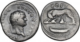 Domitian as Caesar (69-81). AR Denarius, 77-78. RIC II-p. 1 (2nd ed.) (Vesp.) 961. AR. 3.26 g. 19.00 mm. Toned. About VF.