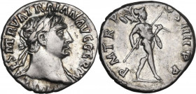 Trajan (98-117). AR Denarius, 101-102. RIC II 52. AR. 3.12 g. 17.00 mm. Good VF.