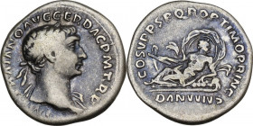 Trajan (98-117). AR Denarius, 107-108. RIC II 100. AR. 3.06 g. 19.00 mm. R. Lightly toned with golden hues. About VF.