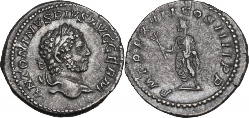 Caracalla (198-217). AR Denarius, 214 AD. RIC IV 246. AR. 3.40 g. 19.00 mm. Ligh...