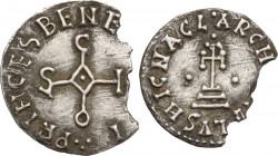 The Lombards at Beneventum. Sico (817-832). AR Denarius. MEC 1, Cf. 1106; CNI 52 var; D'Andrea-Moretti 80. AR. 1.00 g. 17.50 mm. RR. Broken flan. VF.