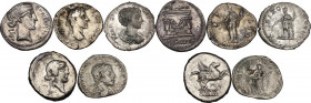 Roman Republic to Roman Empire. Lot of five (5) unclassified AR roman coins, (2) republic denarii and (3) imperial denarii. About VF/VF.