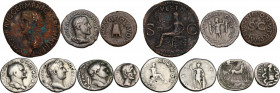 The Roman Empire. Lot of 7 unclassified coins; including 2 AE denominations (Claudius and Germanicus) and 5 AR denominations (Augustus, Hadrian, Vespa...