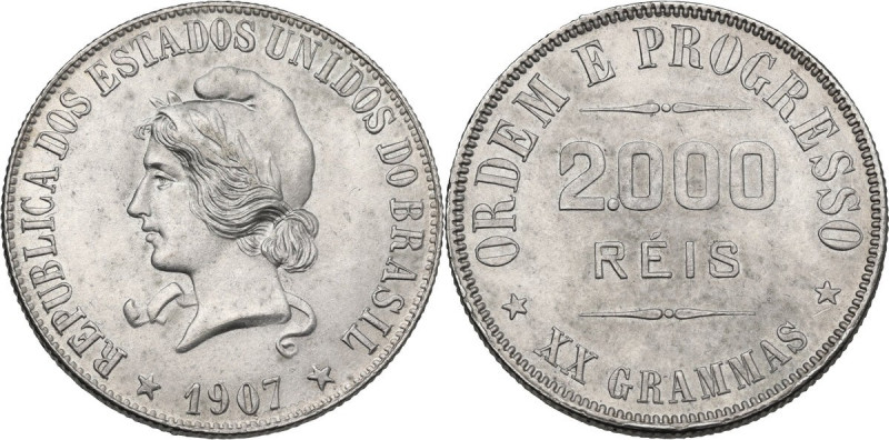 Brazil. Republic. AR 2000 reis 1907. KM 508. AR. 22.50 g. 30.00 mm. MS.