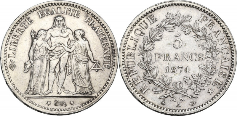 France. Republic. 5 francs 1874 A, Paris mint. Gad. 745. AR. 22.50 g. 30.00 mm. ...