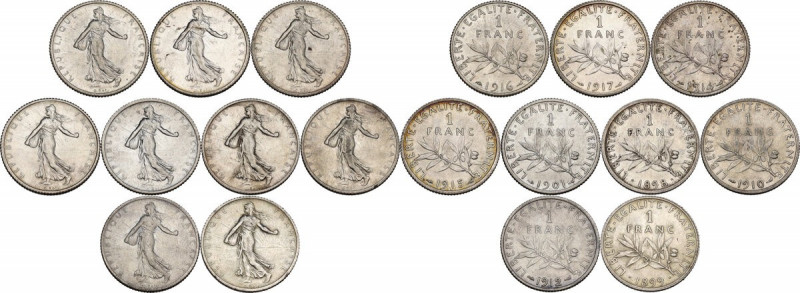 France. Republic. Lot of nine (9) coins: franc 1898, 1899, 1901, 1910, 1912, 191...