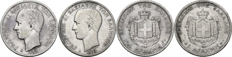 Greece. George I (1863-1913). Lot of two (2) coins: drachm 1873 and 1883. AR. 22...