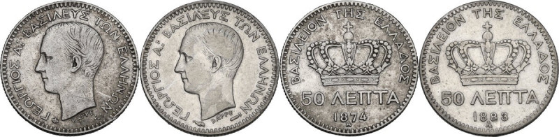 Greece. George I (1863-1913). Lot of two (2) coins: 50 lepta 1874 and 1883. AR. ...