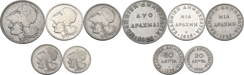 Greece. Lot of five (5) CU-NI coins: 2 Drachmai 1926, Drachma 1926, Drachma 1926...