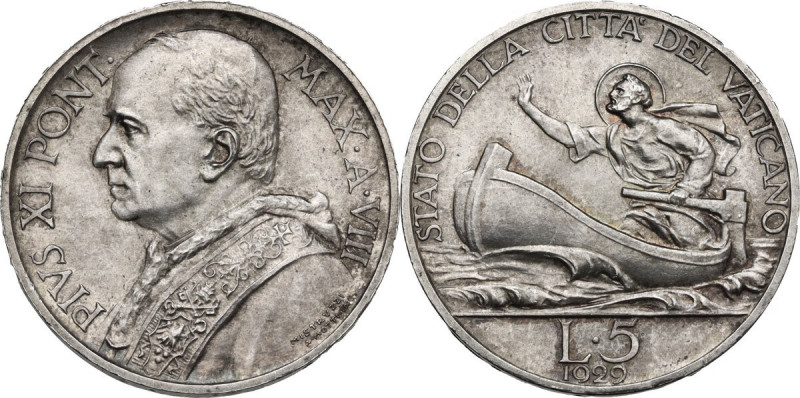 Italy. Pio XI (1922-1938), Achille Ratti. 5 Lire A. VIII, 1929. Città del Vatica...