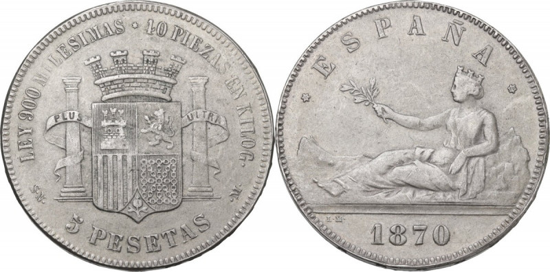 Spain. Republic. 5 pesetas 1870. KM 655. AR. 22.50 g. 30.00 mm. Good VF.