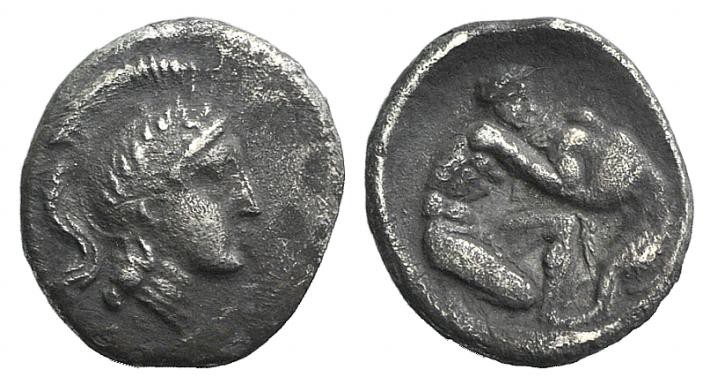 Southern Apulia, Tarentum, c. 325-280 BC. AR Diobol (11mm, 0.98g, 6h). Head of A...