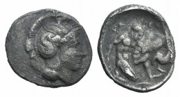 Southern Lucania, Herakleia, c. 433-330 BC. AR Diobol (12mm, 1.09g, 3h). Head of Athena r., wearing crested helmet, decorated with hippocamp. R/ Herak...