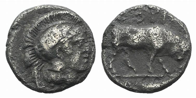 Southern Lucania, Thourioi, c. 443-400 BC. AR Triobol (10mm, 1.13g, 6h). Helmete...
