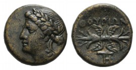 Southern Lucania, Thourioi, c. 280-213 BC. Æ (14mm, 3.20g, 9h). Laureate head of Apollo l. R/ Winged thunderbolt; monogram below. HNItaly 1927; SNG Co...