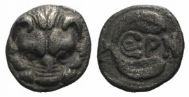 Bruttium, Rhegion, c. 415/0-387 BC. AR Litra (8mm, 0.64g, 9h). Facing lion’s head. R/ PH within olive sprig. HNItaly 2499. VF