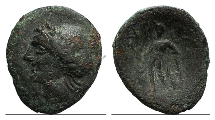 Sicily, Alaisa Archonidea, c. 208-186 BC. Æ (20mm, 3.49g, 12h). Laureate head of...