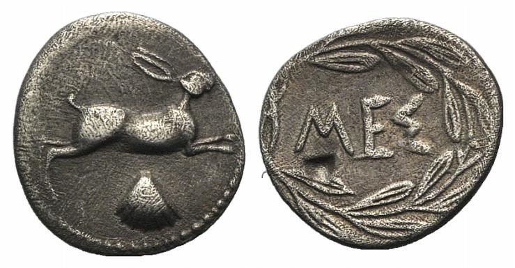 Sicily, Messana, c. 420-413 BC. AR Litra (12mm, 0.66g, 11h). Hare springing r.; ...