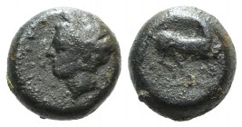 Sicily, Carthaginian Domain, c. 375-350 BC. Æ (9mm, 1.30g, 9h). Wreathed head of Tanit l. R/ Horse prancing r. HGC 2, 1677. Near VF