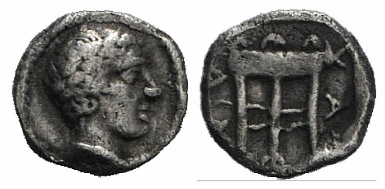 Macedon, Chalkidian League, c. 425-420 BC. AR Obol (10mm, 0.53g, 12h). Olynthos....