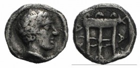 Macedon, Chalkidian League, c. 425-420 BC. AR Obol (10mm, 0.53g, 12h). Olynthos. Laureate head of Apollo r. R/ Tripod within incuse square. Unpublishe...
