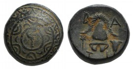 Kings of Macedon, Philip III (323-317 BC). Æ Half Unit (13mm, 5.53g, 3h). Sardes, c. 322-319/8 BC. Macedonian shield, kerykeion on boss. R/ Macedonian...